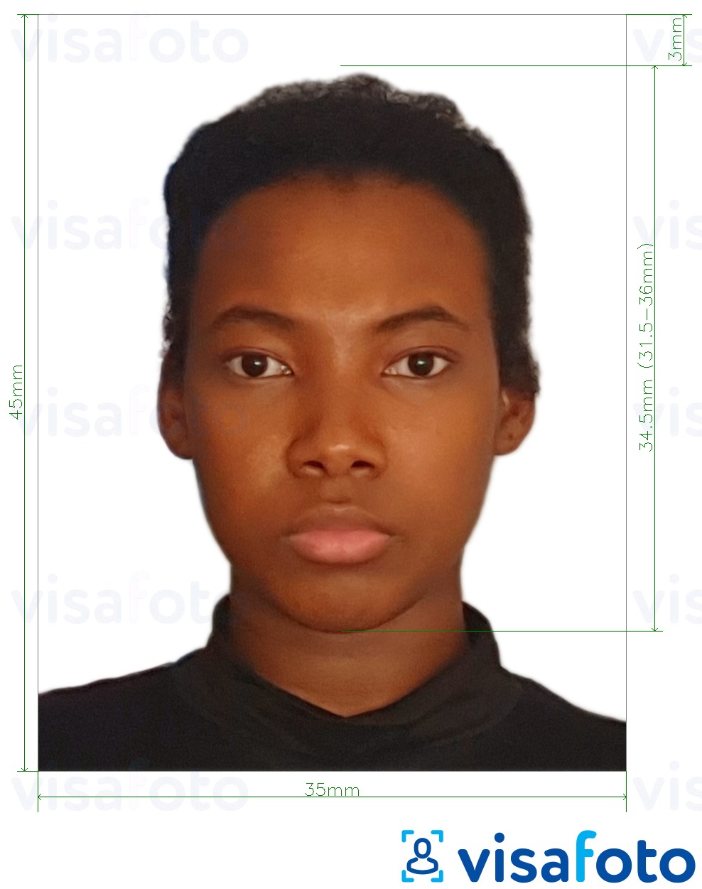 مع مواصفات الحجم الدقيقة جواز سفر الكاميرون 35x45 ملم (3.5x4.5 سم) مثال على صورة لـ 