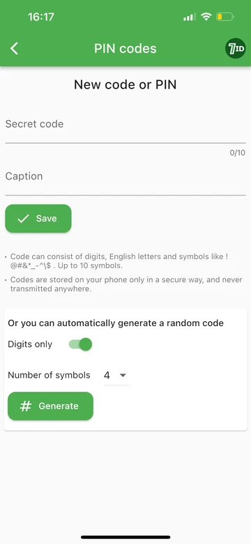 7ID: PIN veya kod oluşturun