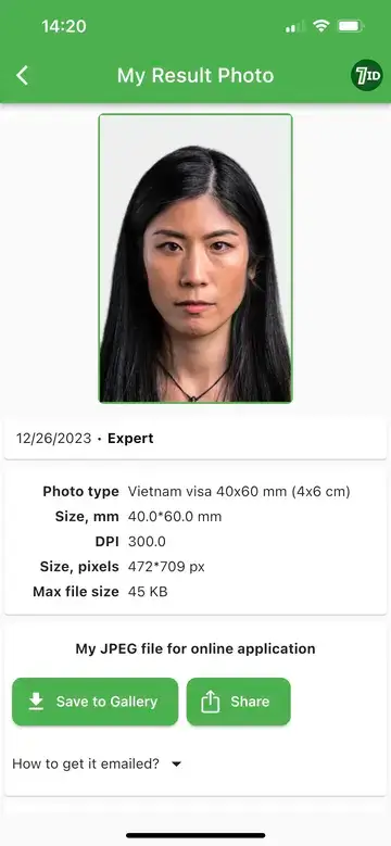 7ID : Échantillon de photo de visa vietnamien