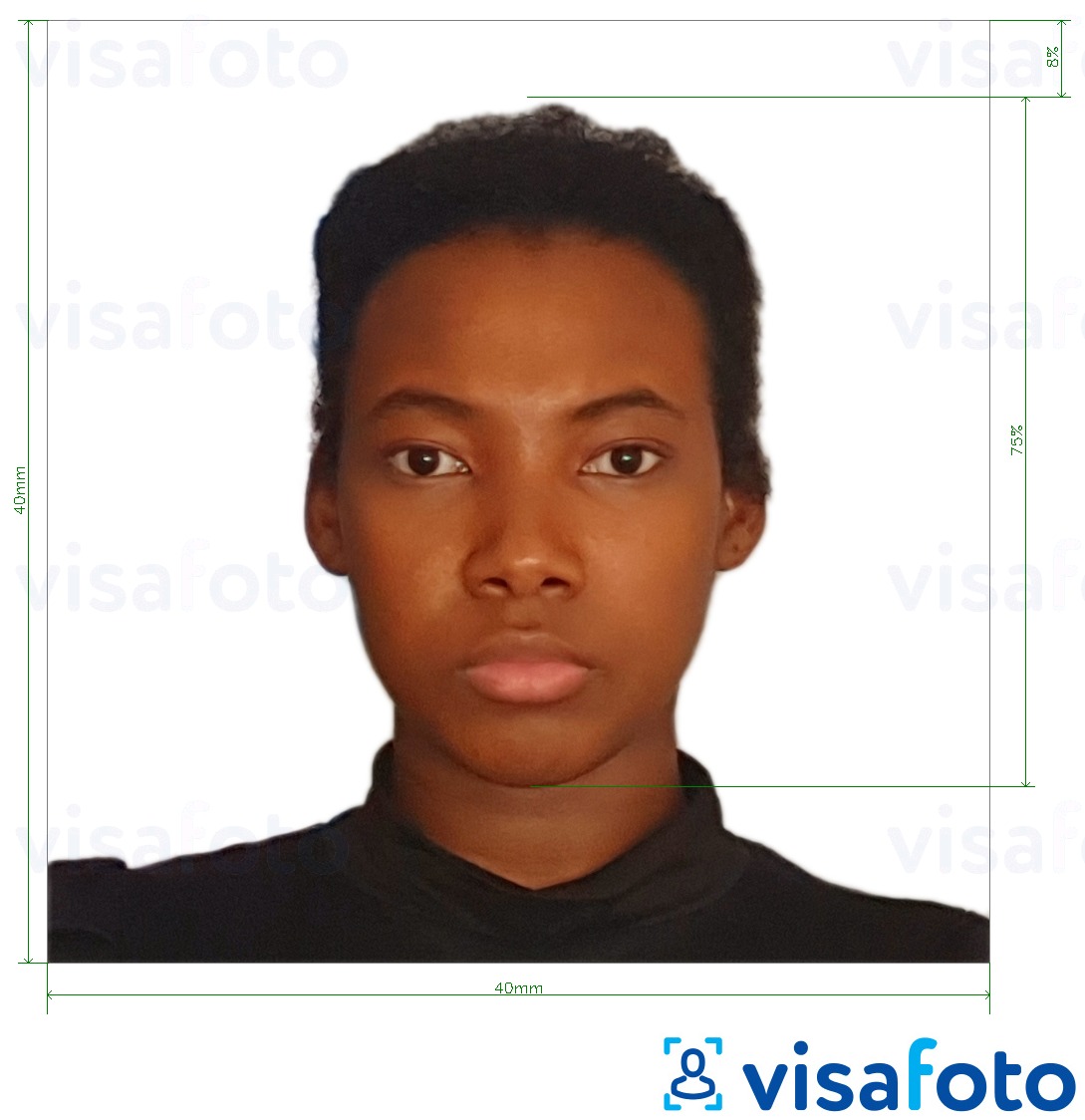 مع مواصفات الحجم الدقيقة جواز سفر الكاميرون 4 × 4 سم (40 × 40 مم) مثال على صورة لـ 