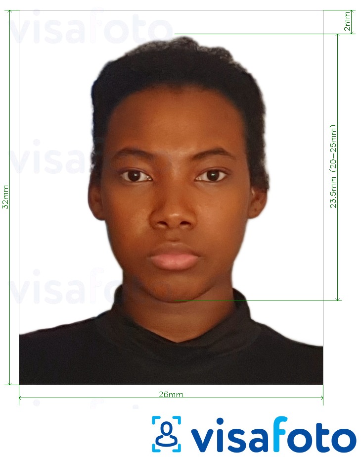 مع مواصفات الحجم الدقيقة جواز سفر غيانا 32 × 26 ملم (1.26 × 1.21 بوصة) مثال على صورة لـ 