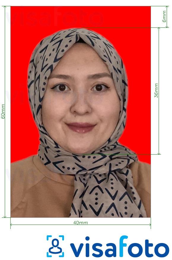 مع مواصفات الحجم الدقيقة تأشيرة إندونيسيا 4x6 سم خلفية حمراء مثال على صورة لـ 