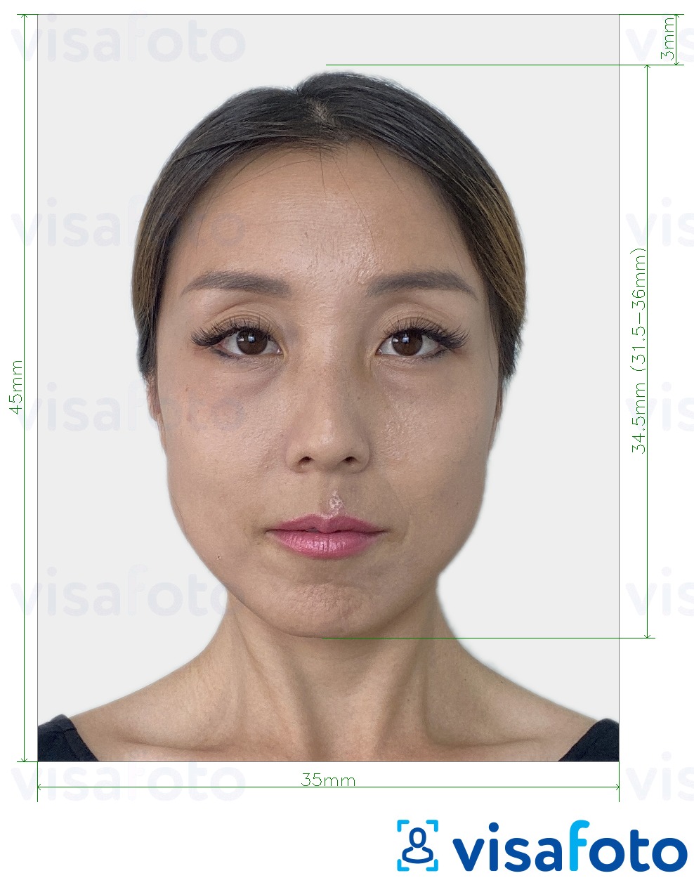 مع مواصفات الحجم الدقيقة جواز سفر كوريا الجنوبية 35x45 ملم (3.5x4.5 سم) مثال على صورة لـ 