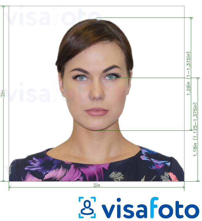 مع مواصفات الحجم الدقيقة بطاقة جواز سفر أمريكي 2x2 بوصة مثال على صورة لـ 